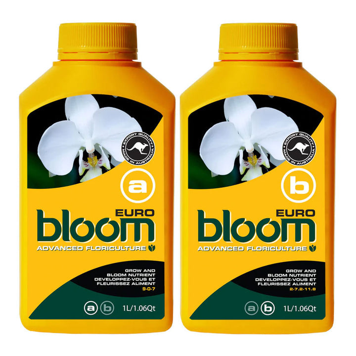 Two yellow nutrient bottles labeled Bloom Euro A & B with white orchid images, designed for advanced floriculture to support growth and bloom phases, built by growers, for growers.
