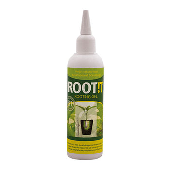 A bottle of ROOT! Rooting Gel with a white plastic squeeze cap bottle and a green and yellow label, shown on a plain white background.