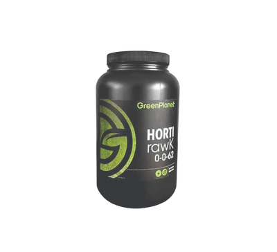 A black plastic tub of GreenPlanet Horti Rawk 0-0-62 fertilizer, featuring a black label with lime green accents and a large stylized 'G' logo, set against a plain white background.