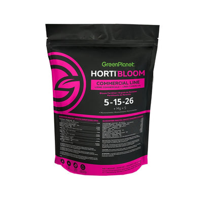 A black stand-up pouch of GreenPlanet HortiBloom Commercial Lime with a bright pink and green label, shown on a plain white background.