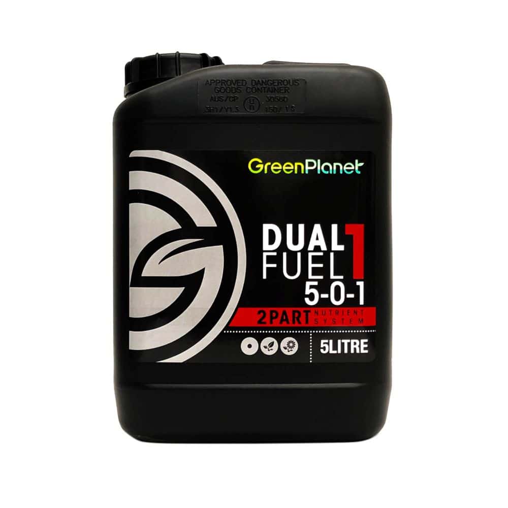 A 5-liter black plastic canister of GreenPlanet Dual Fuel 5-0-1 2-part mixture, featuring a black, white, and red label with a stylized leaf logo.