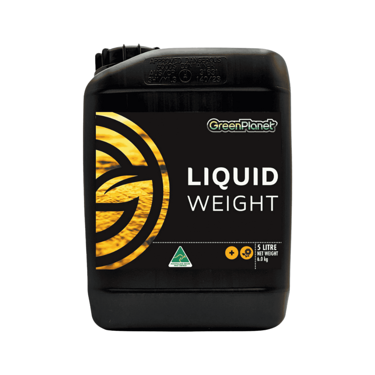 A 5 litre black plastic container of GreenPlanet Liquid Weight fertilizer, featuring a black label with a gold circular logo and white text, set against a solid green background.
