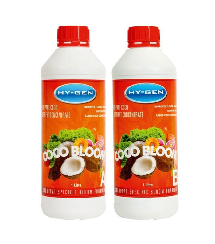 Two white bottles with red caps labeled HY-GEN CocoBloom 2Part nutrient concentrate, designed for coco coir growing, featuring an image of coconuts and flowers, built by growers for growers.