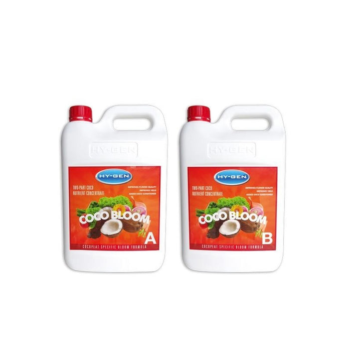 Two white containers of HY-GEN CocoBloom 2Part nutrient concentrate with red caps and vibrant labels featuring coconut and plants, designed for expert growers by growers.