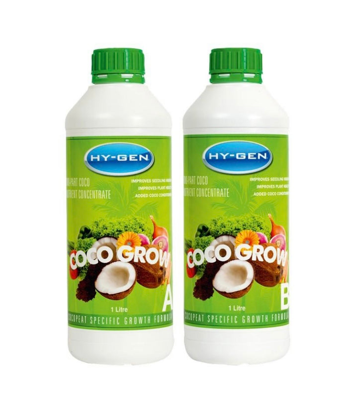 Two 1-liter bottles of HY-GEN Coco Grow 2Part nutrient solution with green caps and green labels featuring coconuts and plants, built by growers, for growers.