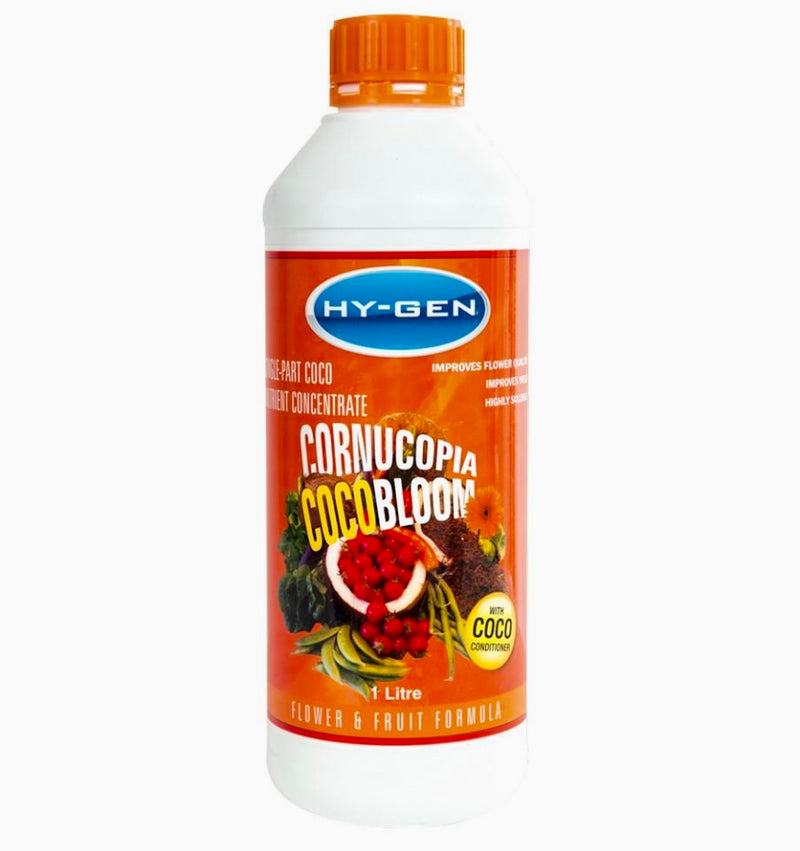 Bottle of HY-GEN Cornucopia CocoBloom Single Part nutrient concentrate designed for coco coir growing with a focus on improving flower and fruit yield, built by growers, for growers.