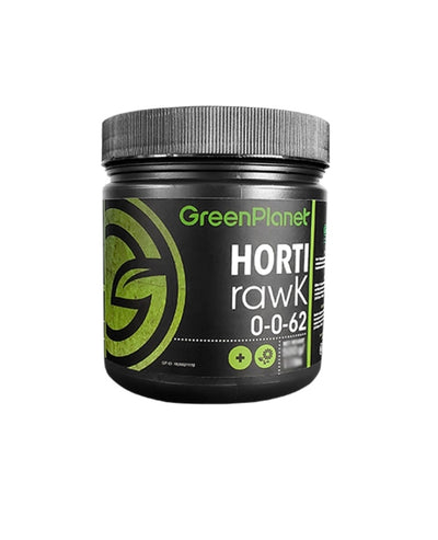 A black plastic jar of GreenPlanet Horti rawK 0-0-62 fertilizer with a ribbed gray lid, shown against a plain white background.
