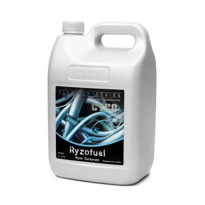 A white 5L plastic jerrycan of Cyco Ryzofuel with a black and blue label, shown on a plain white background.