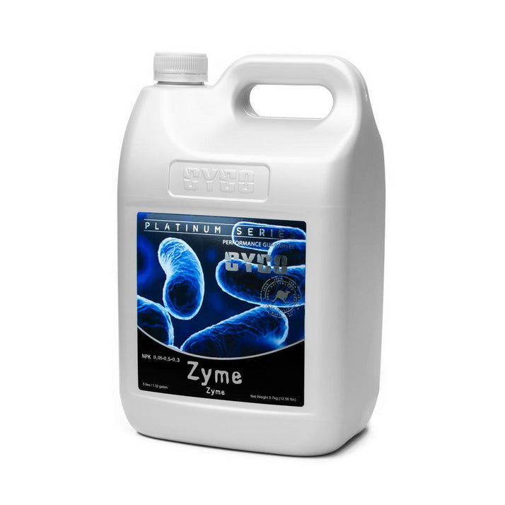 A white 5L plastic jug of Cyco Zyme, featuring a blue and black label with microscopic fungal graphics, set against a plain white background.