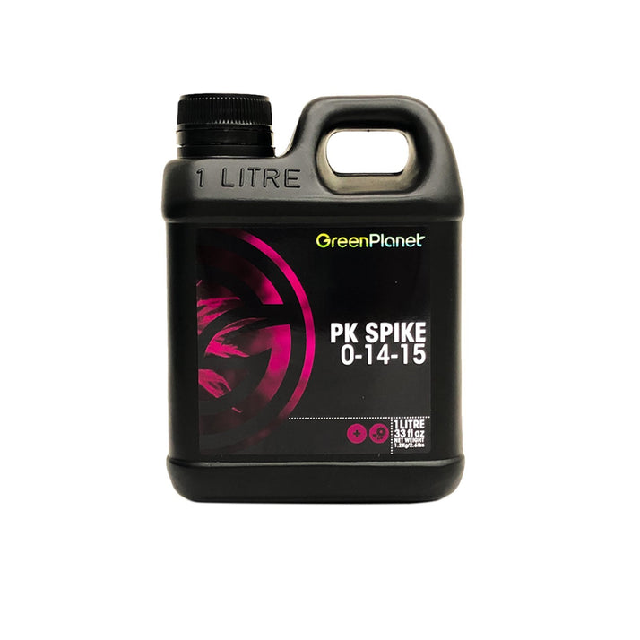 Black 1L bottle of Green Planet PK Spike fertilizer on a white background