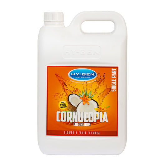 White plastic jug of HY-GEN Cornucopia CocoBloom Single Part nutrient with an orange label featuring coconuts and flowers, designed for hydroponics and coco coir growing.