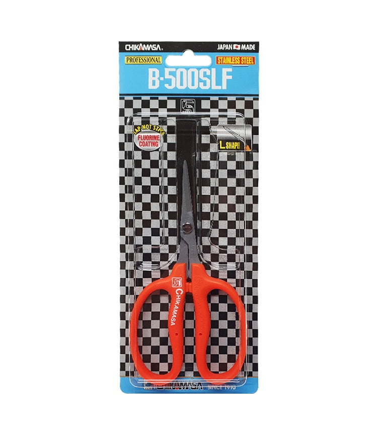 Chikamasa B500SLF angled fluorine coated Japanese stainless steel trimming scissors displayed in checkerboard retail box