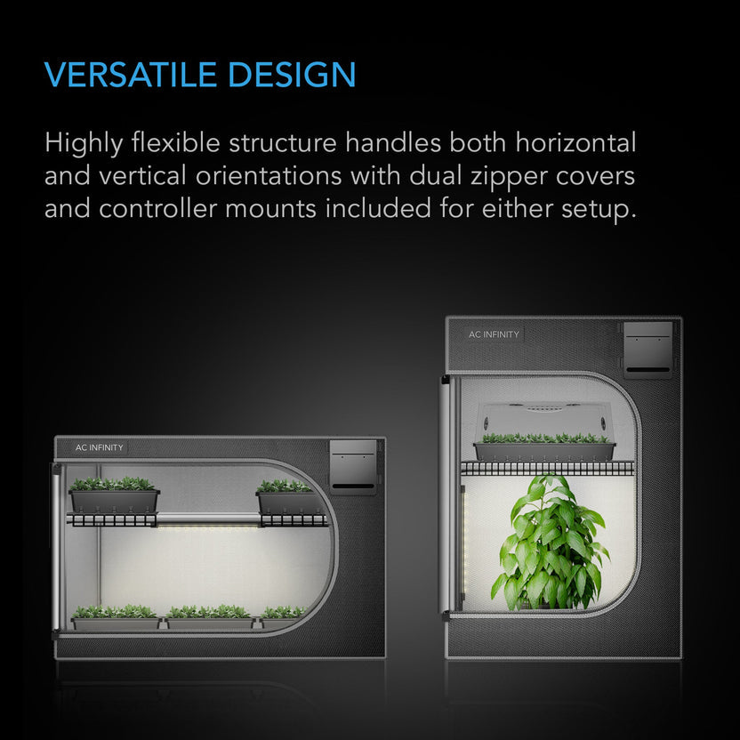 AC Infinity CLOUDLAB Advance Propagation Grow Tent with dual zipper covers and controller mounts on a dark background.