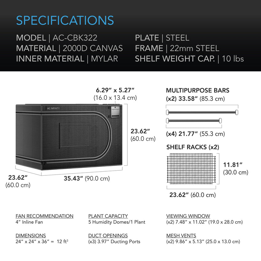A product specification and dimensions chart for a AC Infinity CLOUDLAB Advance Propagation Grow Tent. The graphic shows a labeled fan illustration with measurements for width, height, and depth, plus dimensions for multipurpose bars, shelf racks, viewing window, and mesh vents.