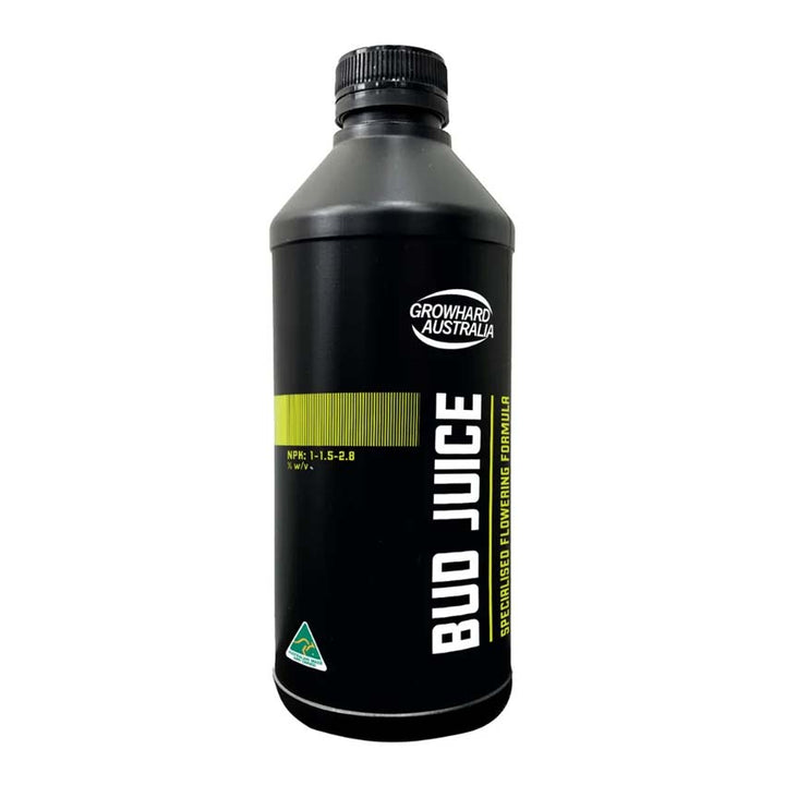 Black plastic container with a screw cap labeled "Bud Juice," featuring a green and white design indicating a flowering formula, suitable for use with hydroponics, living soil, or coco coir growing methods.