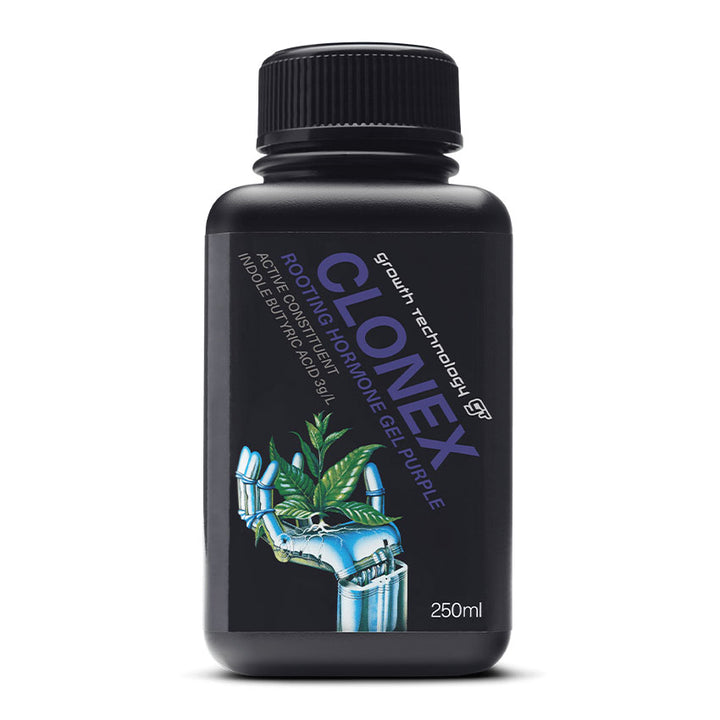 Black bottle labeled with sprout technology branding containing rooting hormone gel in purple, showing a stylized illustration of a robotic hand holding green leaves, designed for advanced plant propagation, built by growers, for growers.
