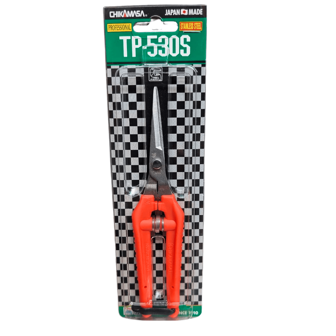 Chikamasa TP530S ultra-light Japanese stainless steel pruning and garden shears with 42 mm blade displayed in checkerboard retail pack