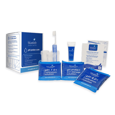 Blueblob pH Probe Care kit with various blue and white packaging components, including a box, storage solution tube, and pH 7.01 and pH 4.