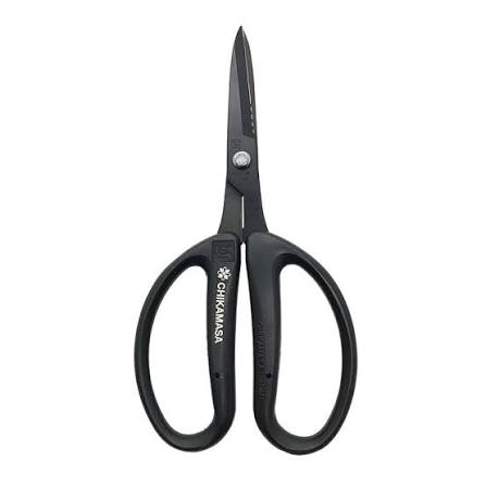 Black CHIKAMASA utility scissors with a silver metal pivot screw, shown against a plain white background.