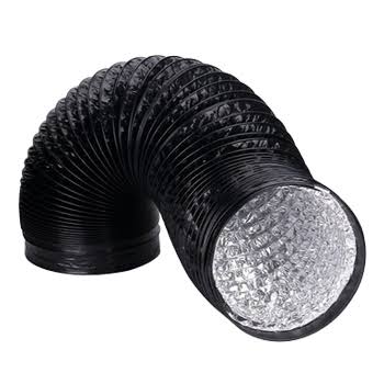 Dual Layer Ducting with black PVC outer layer and aluminium inner core for flexible intake and exhaust ventilation in grow rooms and HVAC systems.
