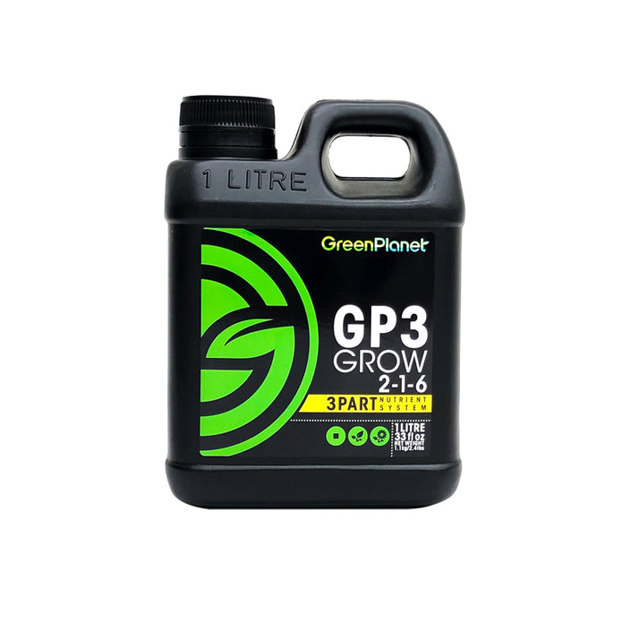Black bottle of Green Planet GP3 Grow 2-1-6 fertilizer on a white background