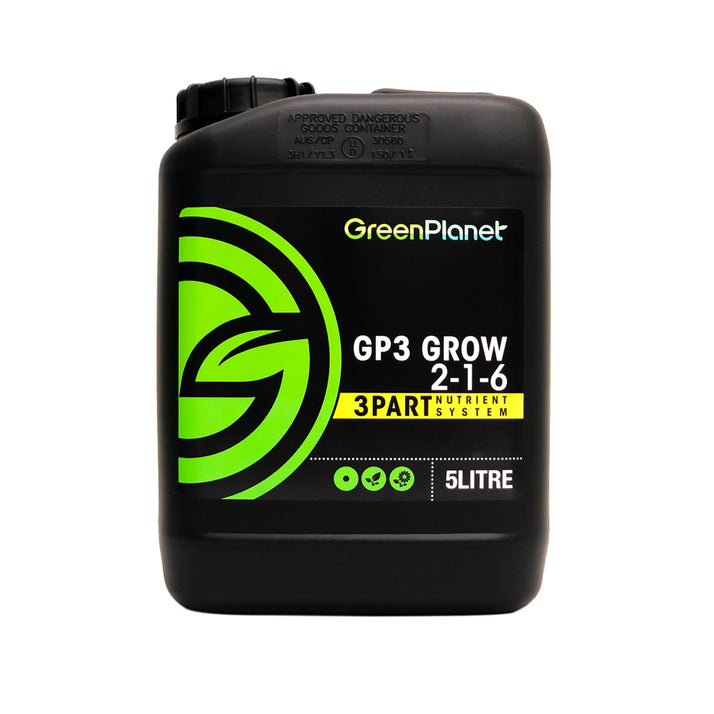 A 5 litre black plastic jug of GreenPlanet GP3 Grow 2-1-6 nutrient solution, featuring a black label with a prominent green and white logo and text.