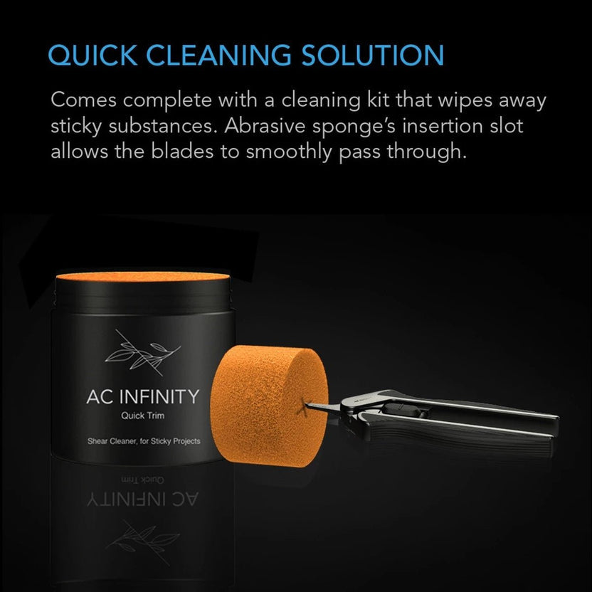AC Infinity Quick Trim quick cleaner kit featuring a black cylindrical container with an orange lid, an orange abrasive sponge, and a metal applicator tool on a black background with promotional text.