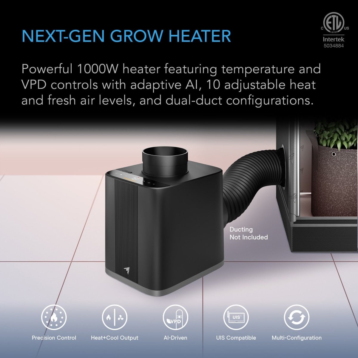 A black AC Infinity THERMOFORGE T7 heater shown with a flexible duct connected to a grow light fixture, on a tiled floor with promotional text and feature icons below.