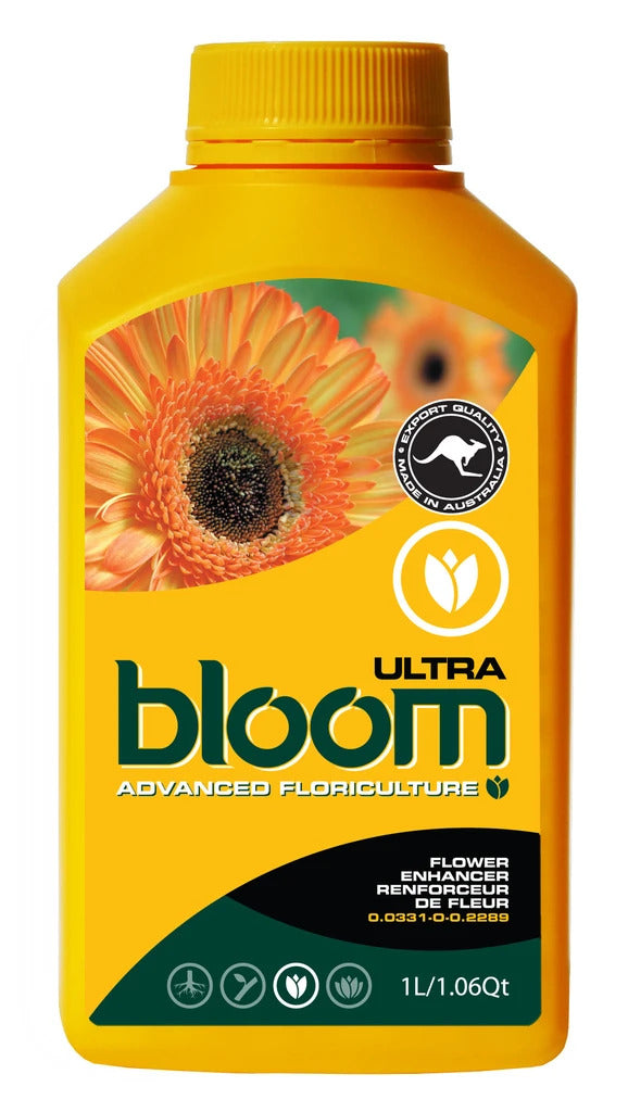 Bloom Ultra flower enhancer in a bright yellow bottle featuring an orange gerbera flower, designed by growers for growers to support advanced floriculture and better bloom results.