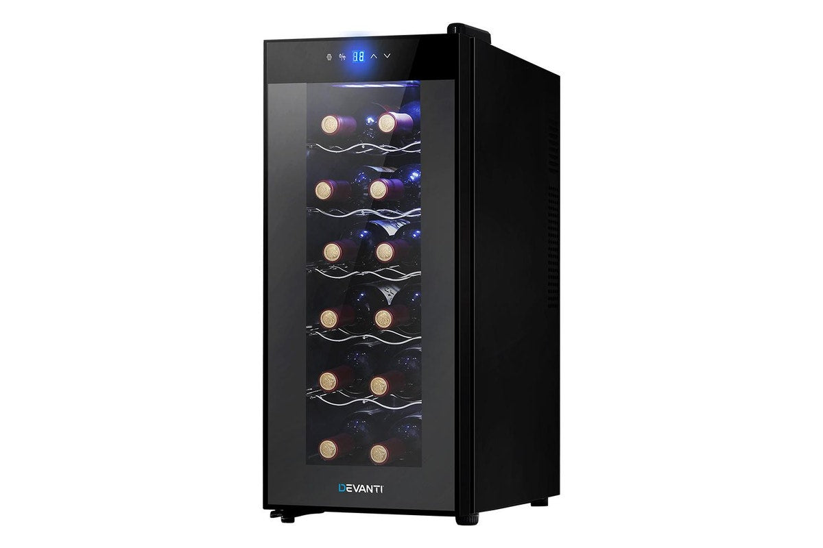 A black Devanti wine cooler with a glass door showing wine bottles inside, set against a plain white background.