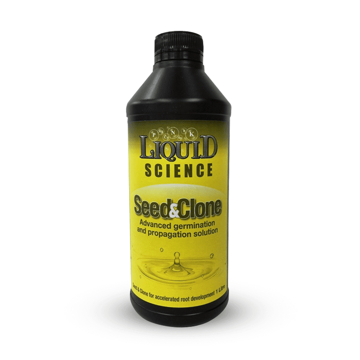 A bottle of Liquid Science Seed & Clone advanced germination and propagation solution, featuring a black bottle and cap with a bright yellow label, set against a plain white background.