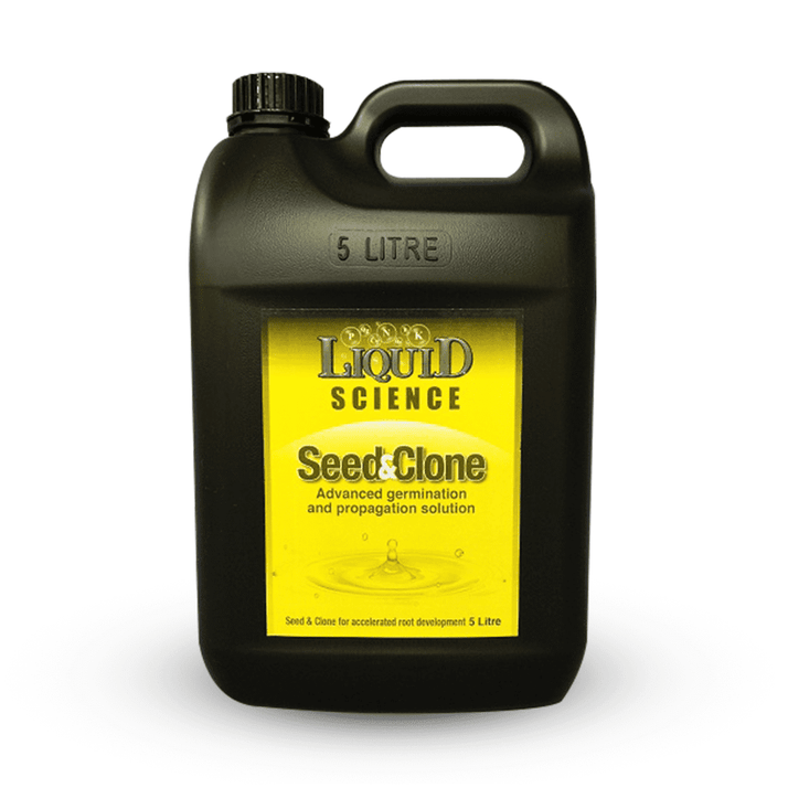 A 5 litre black plastic bottle of Liquid Science Seed & Clone solution, featuring a bright yellow label with black and gold text, set against a plain white background.