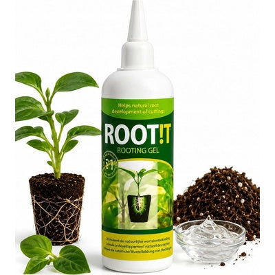 A bottle of ROOT! Rooting Gel centered on a white background, with a small potted green plant on the left, a pile of soil on the right, and a small glass dish of clear gel in front. The bottle label is green and white with the brand name ROOT! visible.