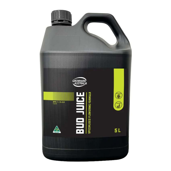 5-liter container of Growhard Bud Juice, a specialist flowering formula designed by growers for growers, ideal for living soil and hydroponics to enhance bloom quality.