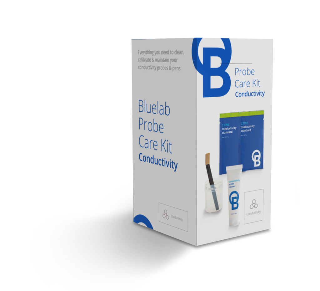 A boxed product labeled 'Bluelab Probe Care Kit Conductivity' shown on a clean white background. The box is predominantly white with blue text and logo graphics, and a small product photo on the front depicts a tube, brush, and accessories.
