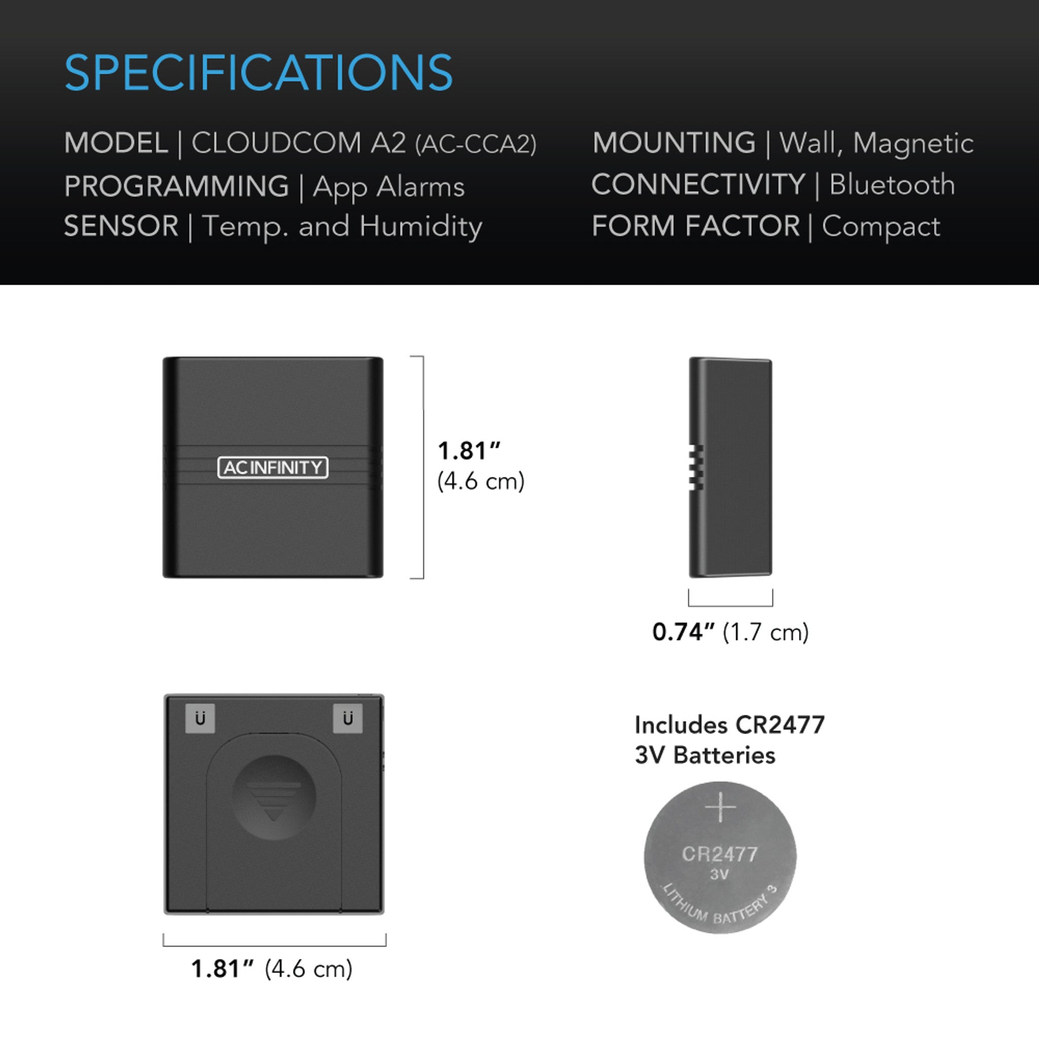 AC Infinity Cloudcom A2 | Mini Smart Thermo-Hygrometer | Integrated sensor probe