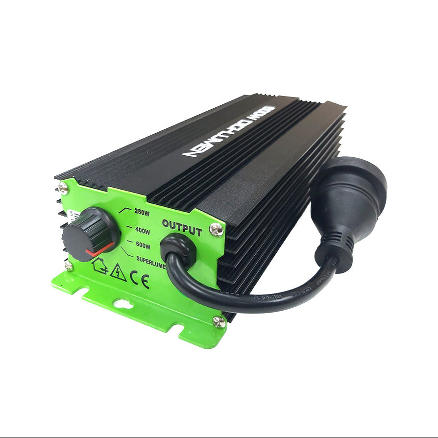 DIGI-LUMEN 600W 4D dimmable digital ballast with four power settings for single-ended MH and HPS grow lamps.