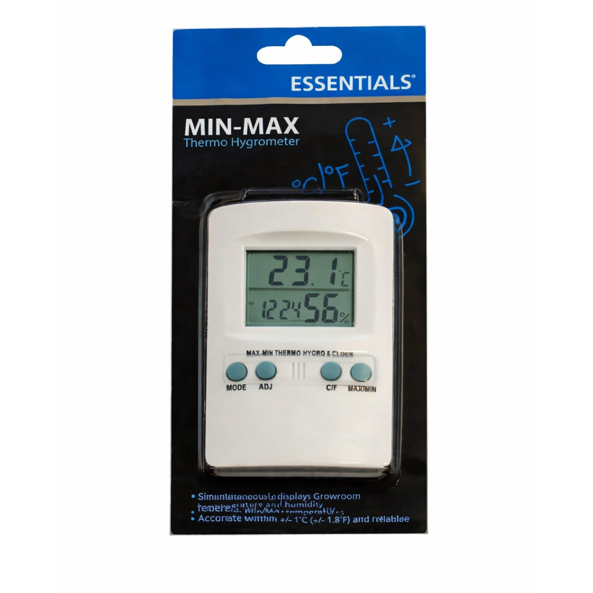 Digital Max/Min thermo hygrometer with LCD display and remote temperature probe for monitoring temperature and humidity in grow rooms and greenhouses.