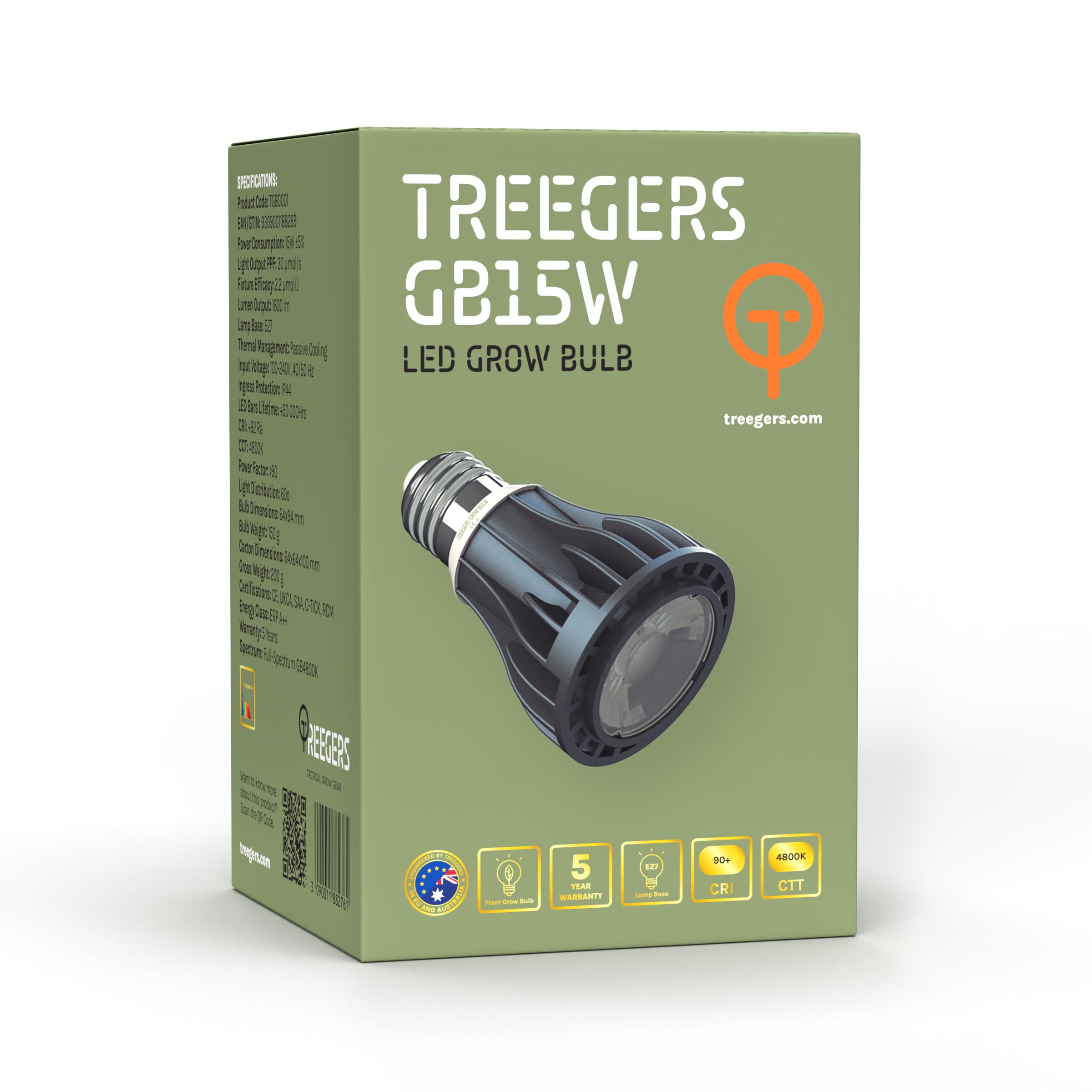 Treegers GB15W LED Grow Bulb | Full-Spectrum Light for Indoor Plants