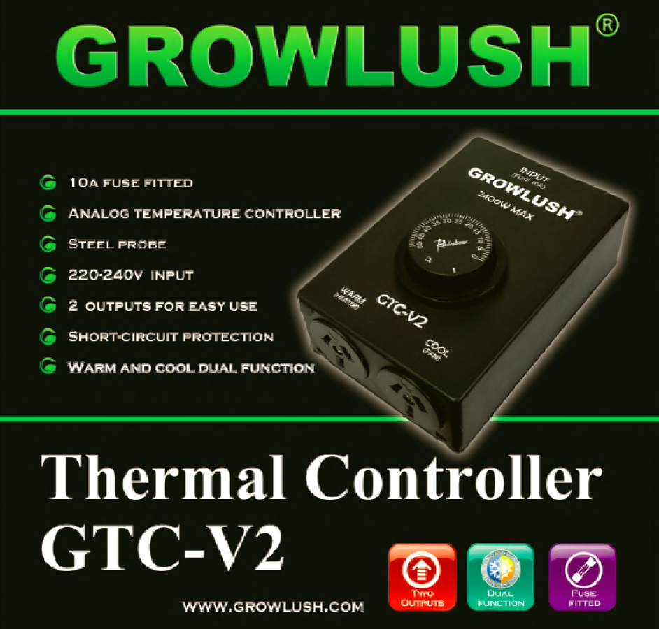 Growlush GTC-V2 thermal controller for aquariums, shown at an angle on a black background with green and white text detailing its features.