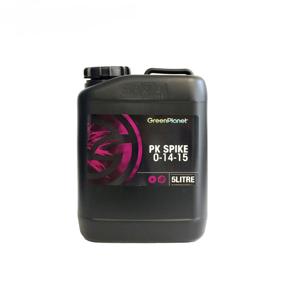 A 5-liter black plastic container of GreenPlanet PK Spike 0-14-15 fertilizer, featuring a black cap and a label with a pink graphic and white text, set against a plain white background.