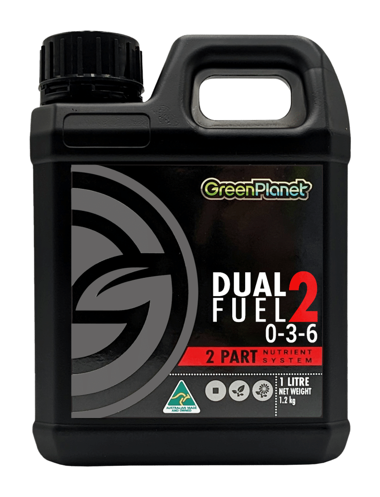 A black 1L plastic bottle of GreenPlanet Dual Fuel 2 Nutrient System 2-part fertilizer, on a solid white background.