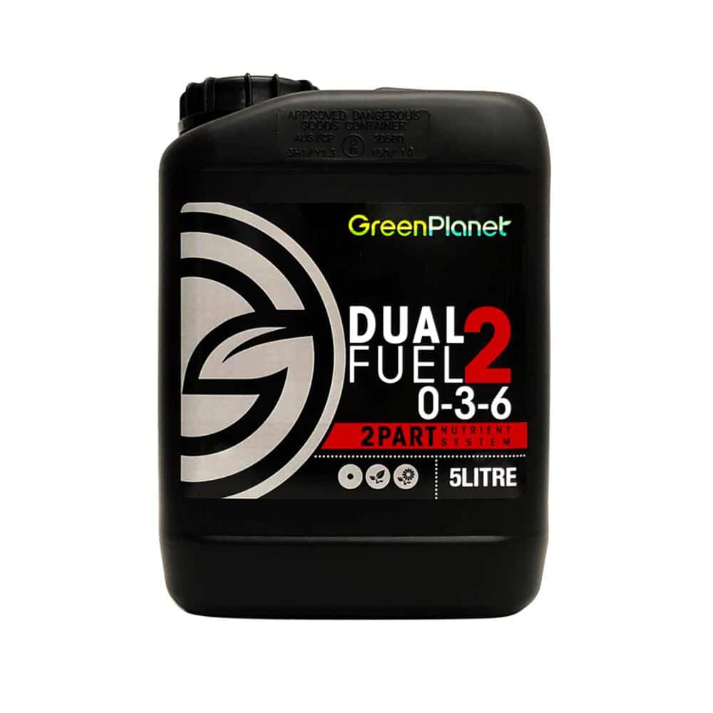 A 5-liter black plastic container of GreenPlanet Dual Fuel 2 0-3-6 2-part fuel mixture, featuring a white, black, and red label on a plain white background.