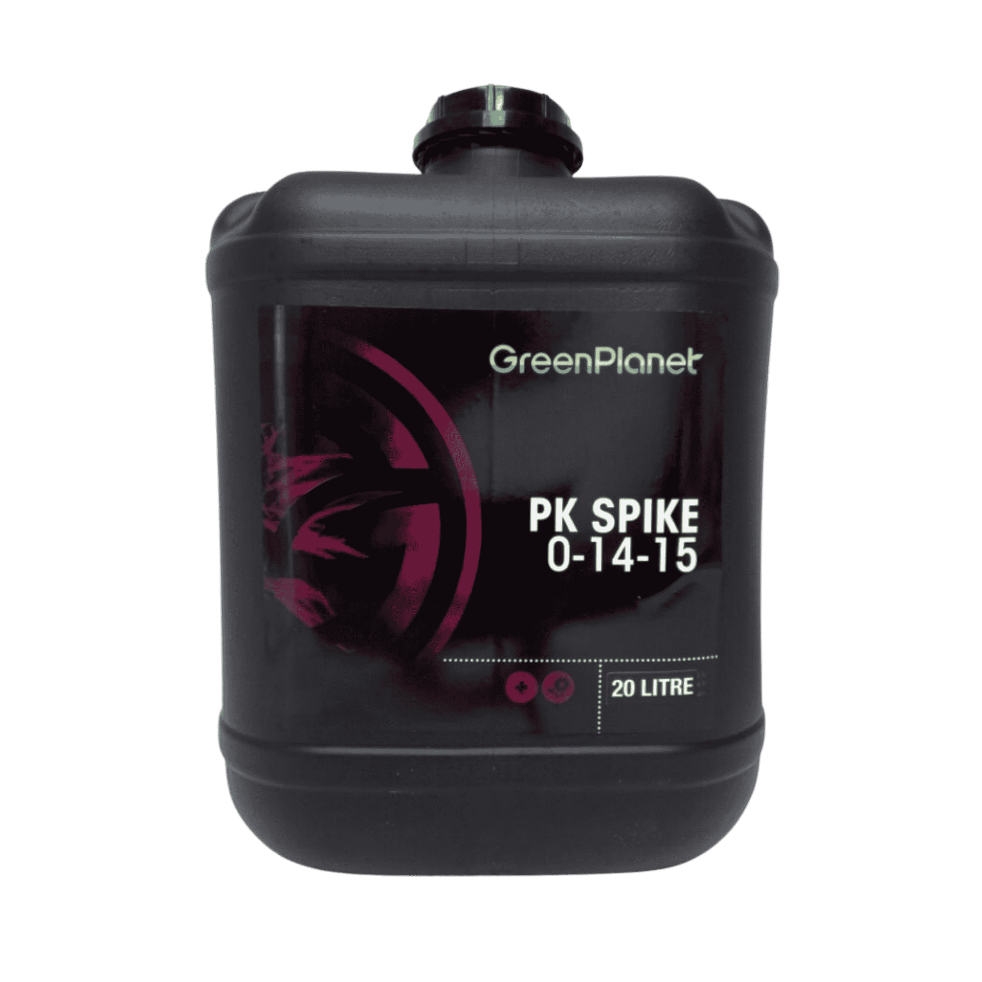 A 20 litre black plastic jerrycan of GreenPlanet PK Spike 0-14-15 fertilizer, shown against a solid green background.