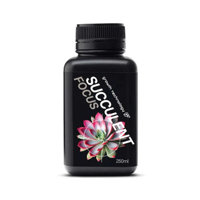 A black plastic bottle of Succulent Focus by Growth Technology (GP) with a black screw cap, featuring a label with a pink and green succulent flower illustration and white text, on a white background.