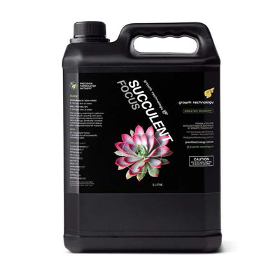 Black 5L container of Succulent Focus fertilizer with a pink and green succulent on the label.
