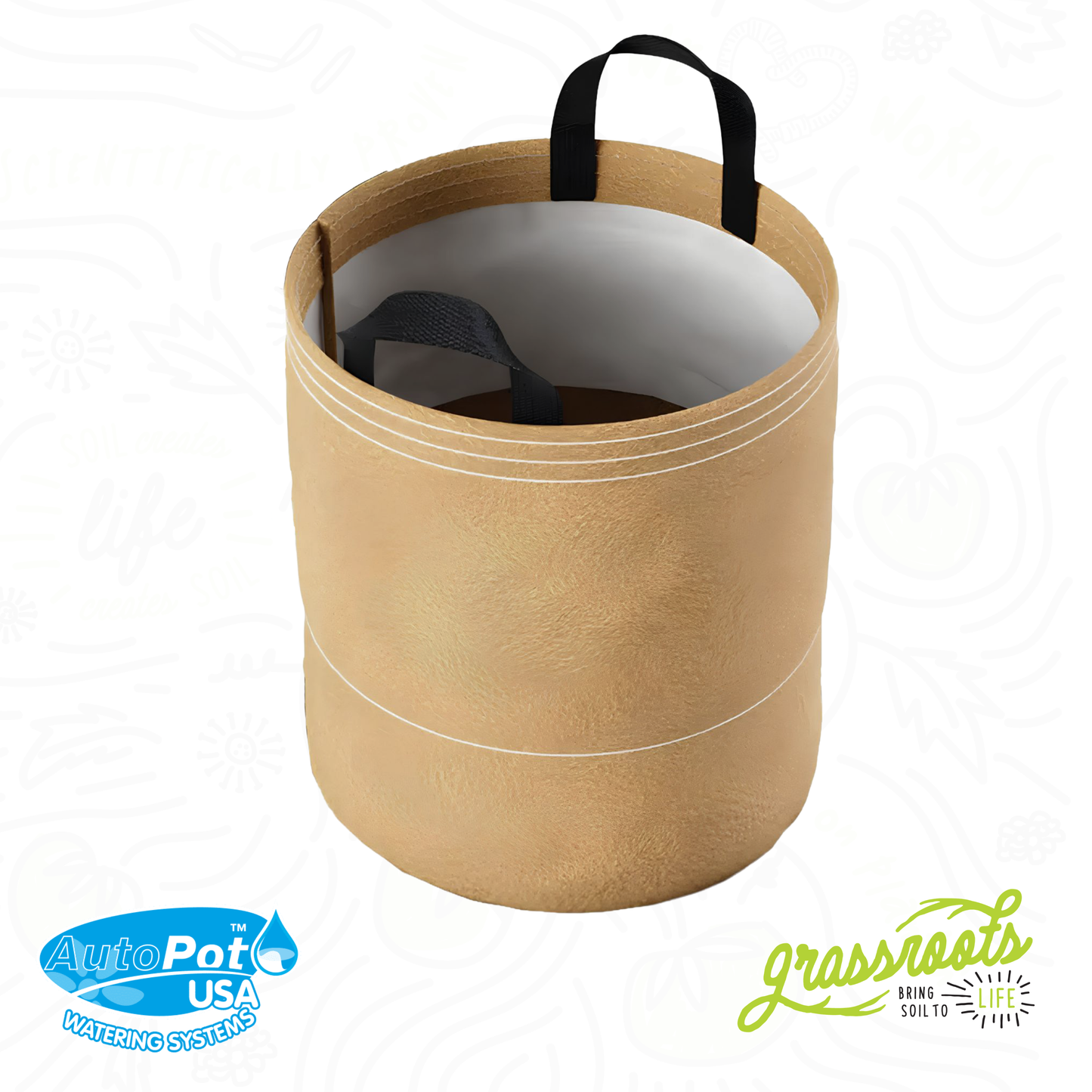 A tan Grassroots Fabric Pots AutoPot XXL with black handles, shown on a white background with AutoPot USA and grassroots living soil co. logos at the bottom.