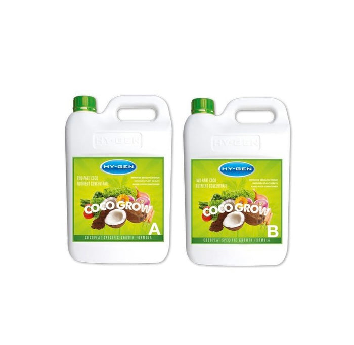 Two white containers with green caps labeled A and B of HY-GEN Coco Grow 2Part, nutrient solution designed for coco coir growing, built by growers, for growers.