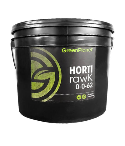 A black plastic bucket of GreenPlanet Horti rawK 0-0-62 fertilizer, featuring a black label with green and white text and graphics, set against a plain white background.