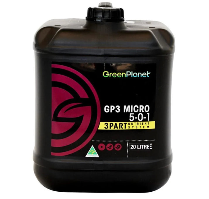 A 20 litre black plastic container of GreenPlanet GP3 Micro 5-0-1 nutrient solution, featuring a black label with a pink and yellow graphic design.